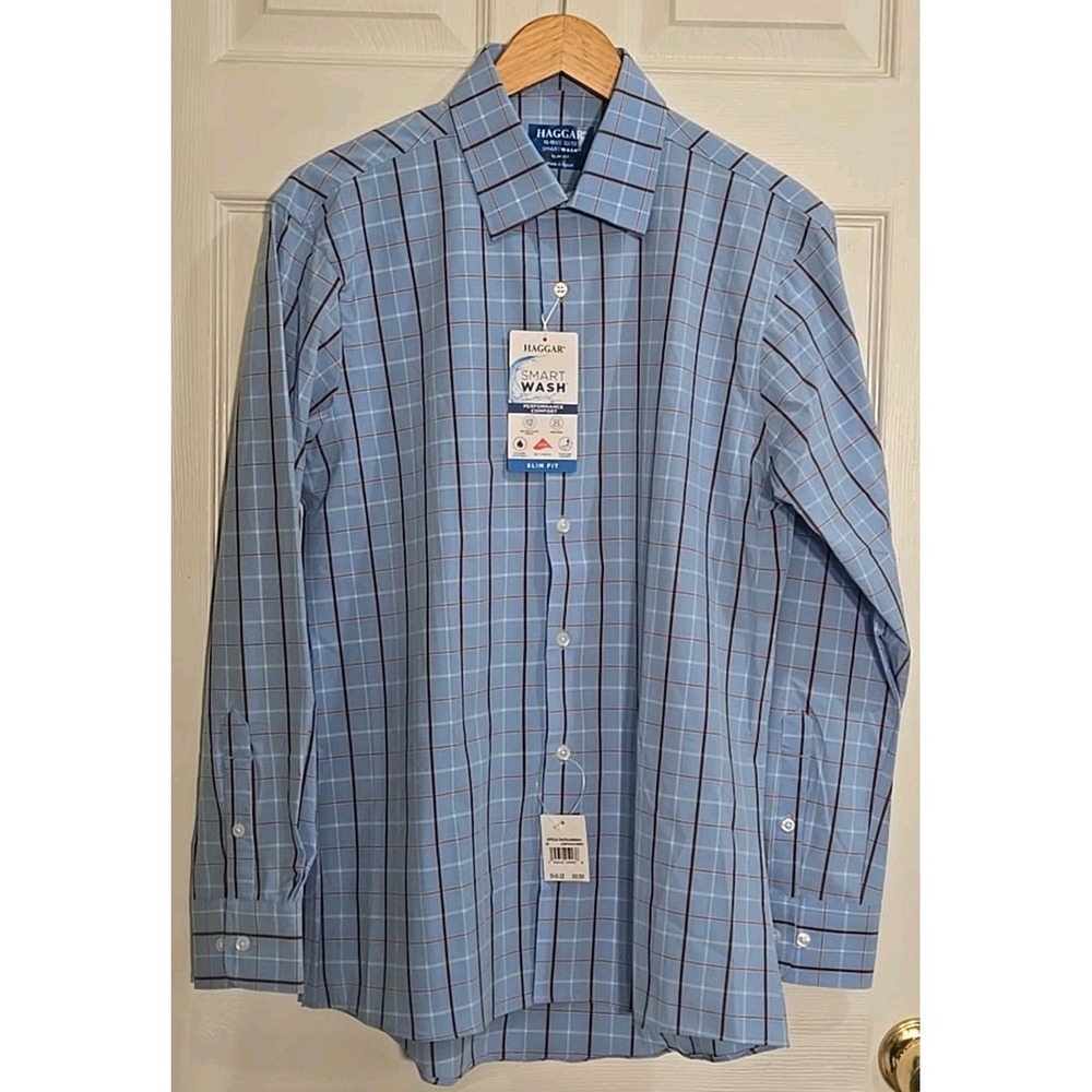 Haggar Dress Shirt 15-15.5 32/33 Smart Wash Slim Fit Blue Check NEW